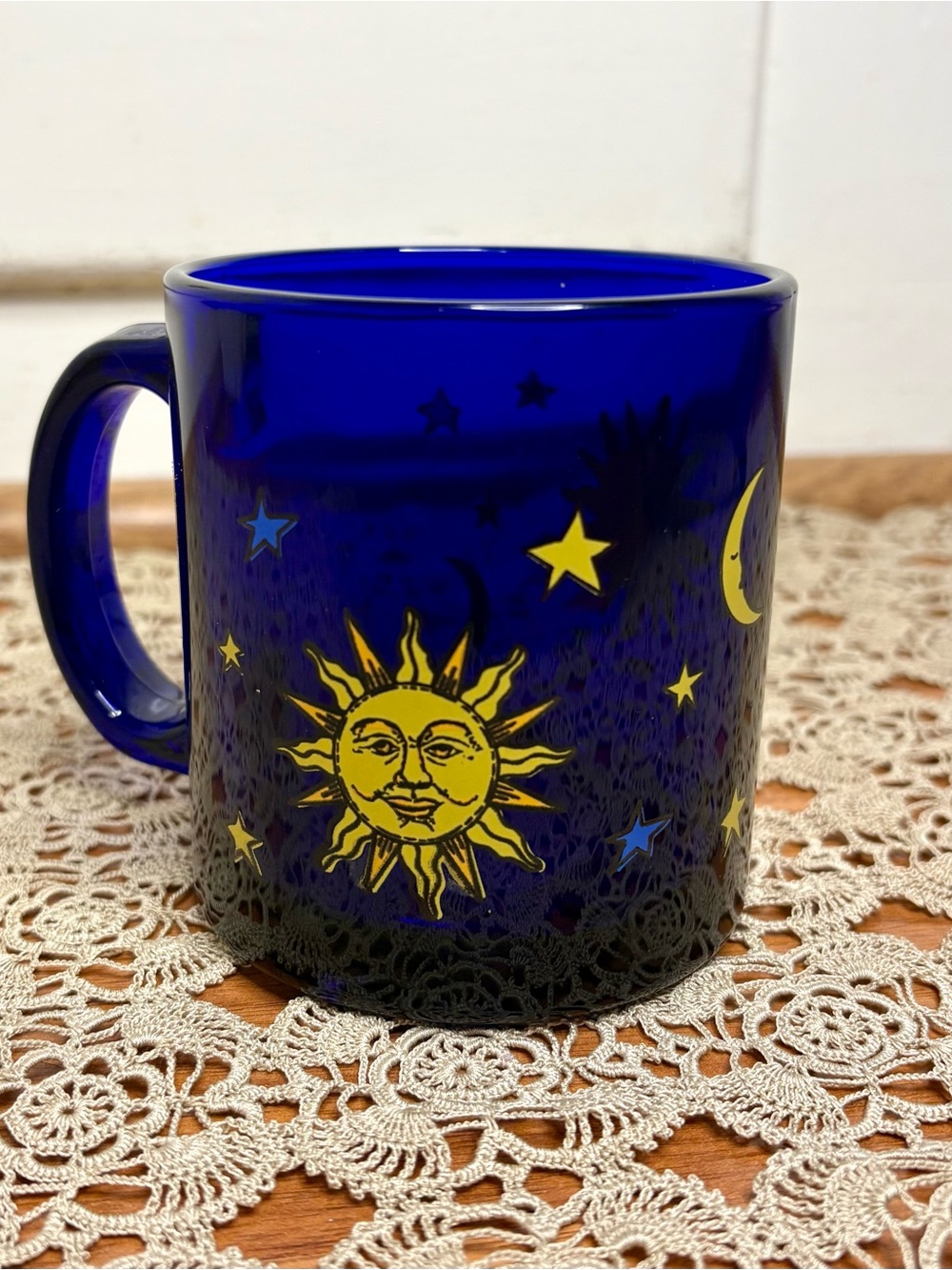 Vintage 90s Libbey Celestial Cobalt Blue Glass Sun Moon Stars Mug
